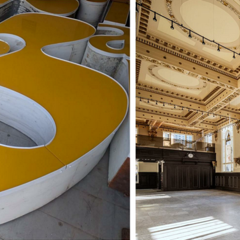 L'enseigne de La Baie / L'int&eacute;rieur de la Banque d&rsquo;&eacute;pargne